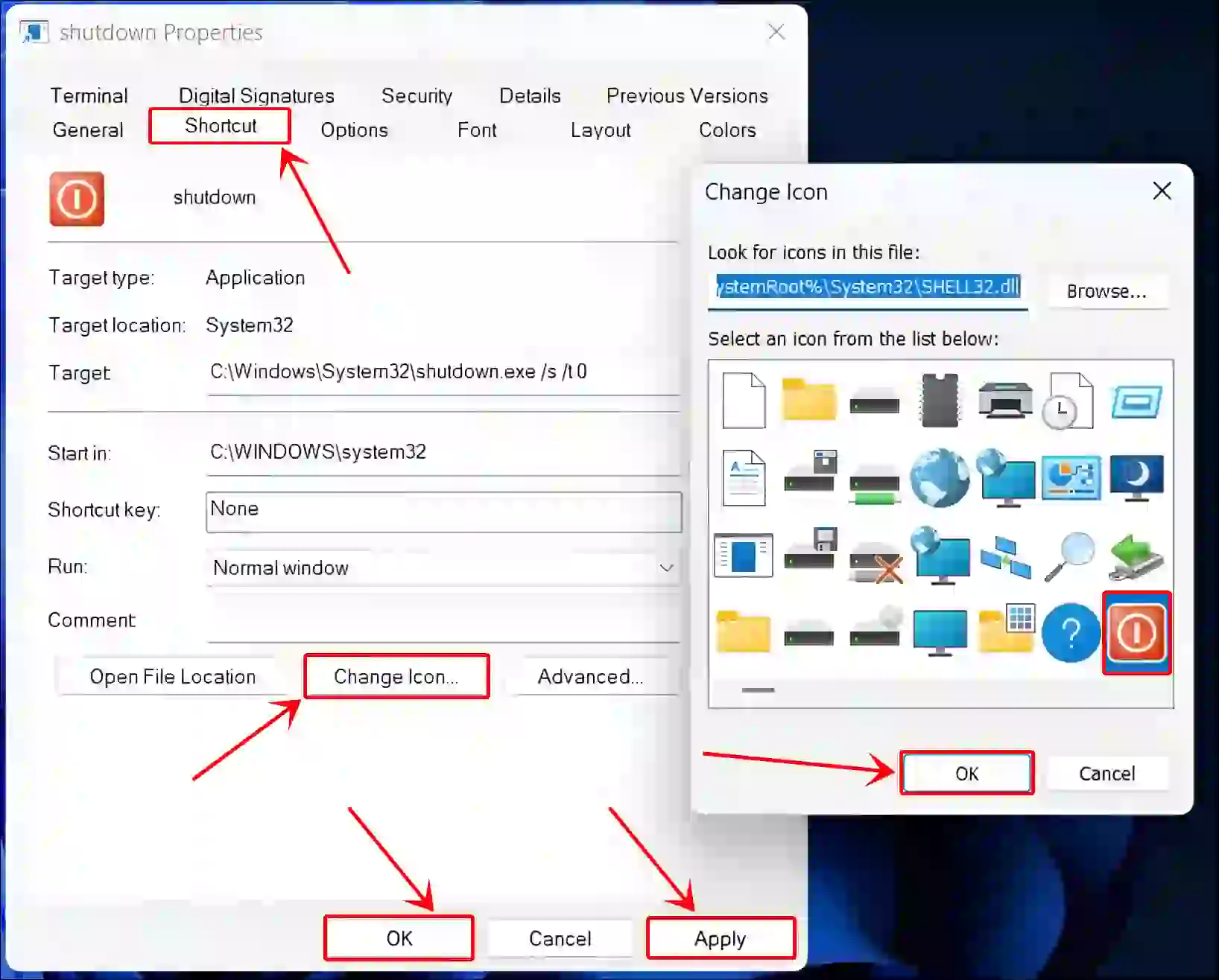 change windows 11 shutdown shortcut icon