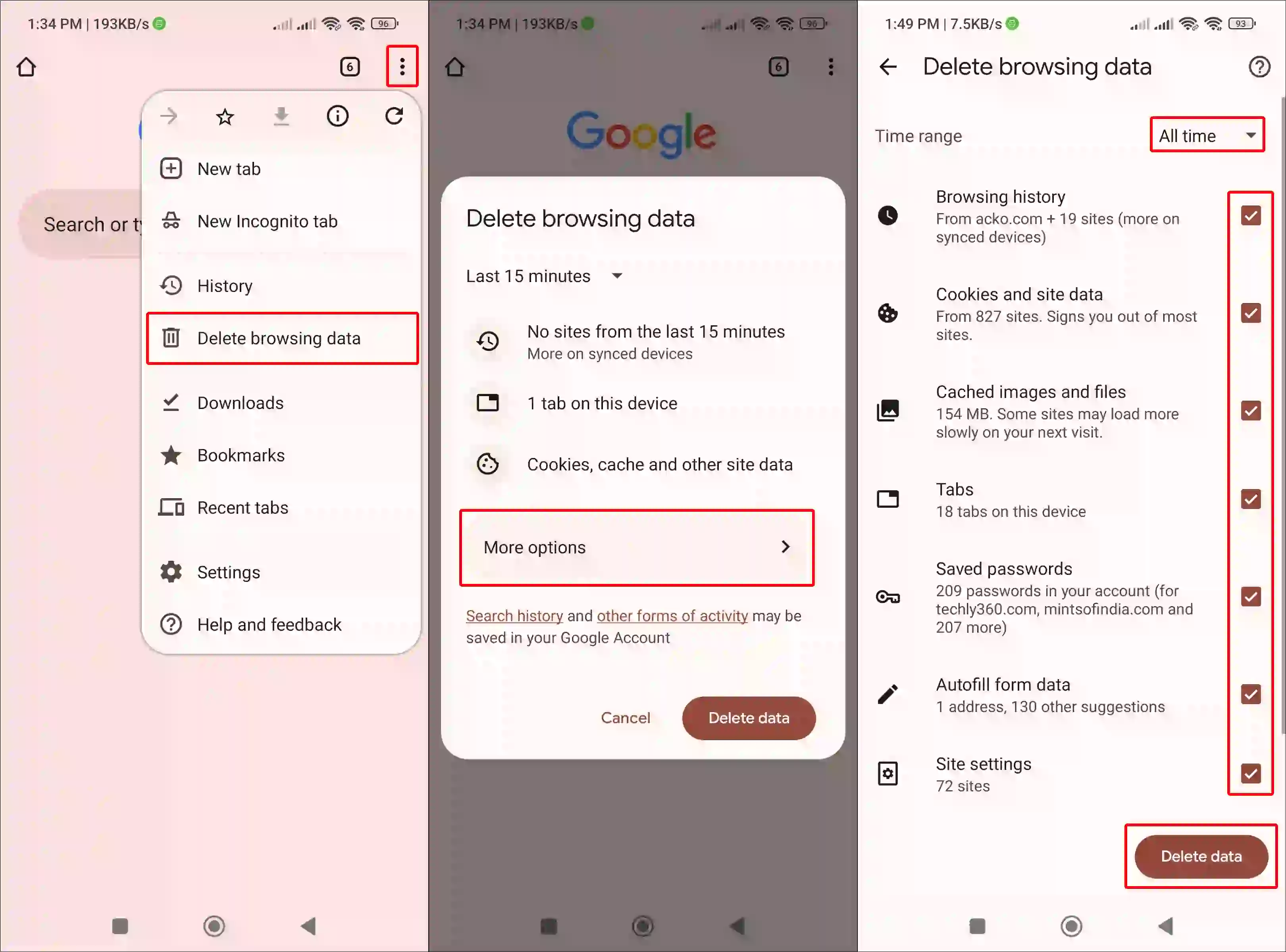 clear chrome browsing data on android
