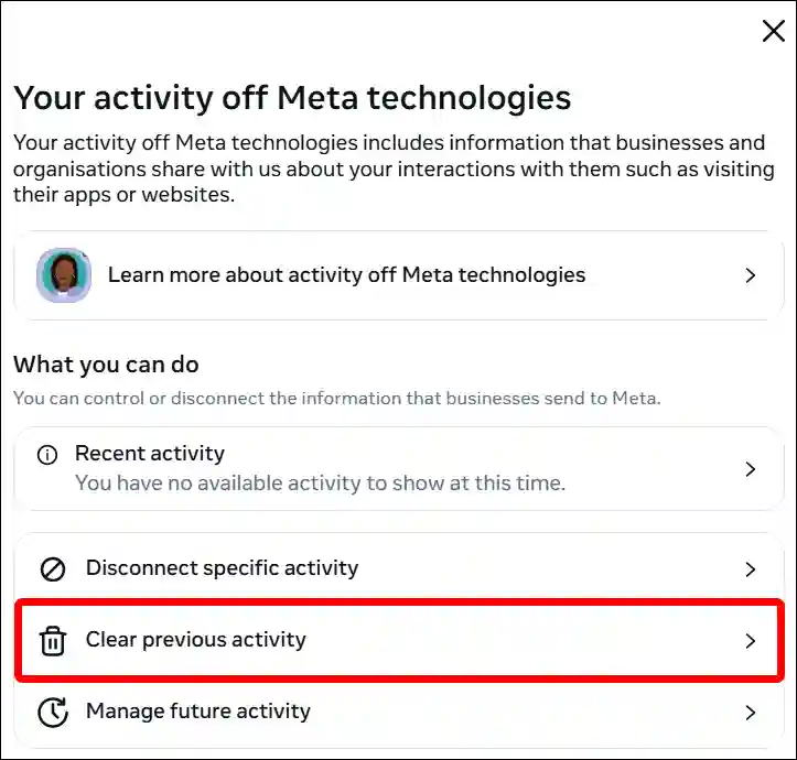 clear previous activity ig web
