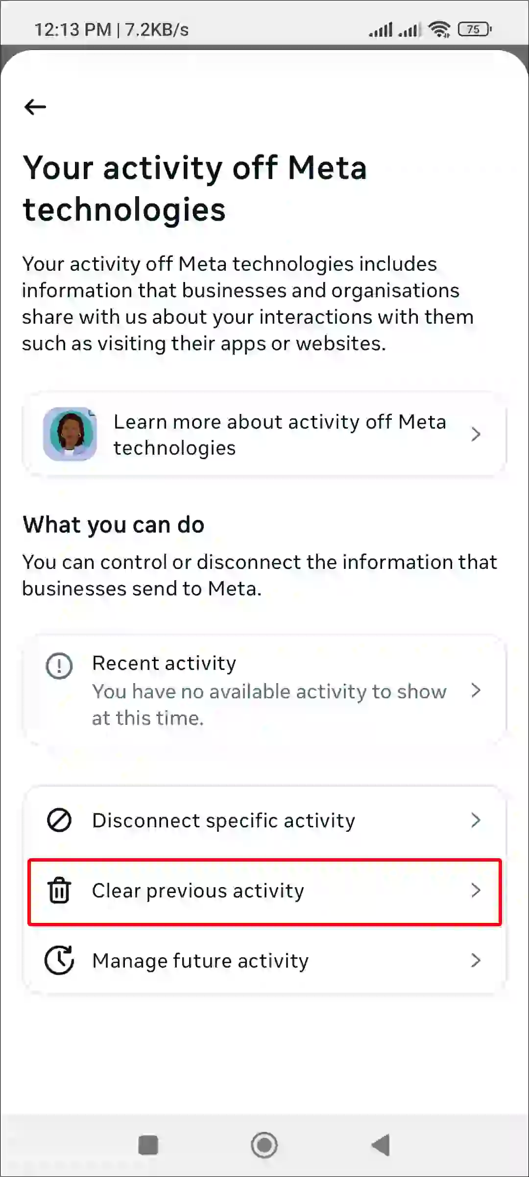 clear previous activity ig