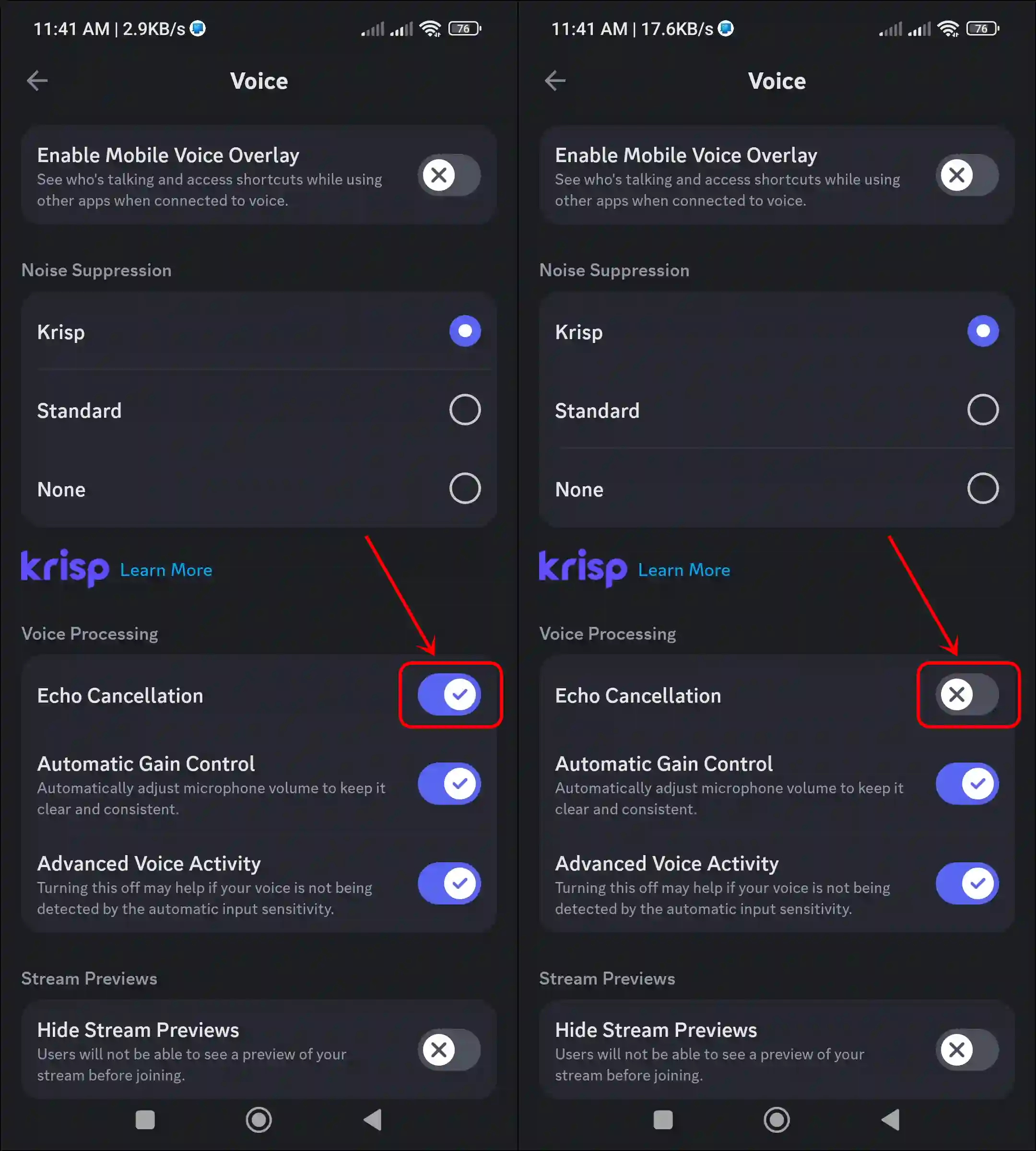 enable disable discord's echo cancellation on mobile