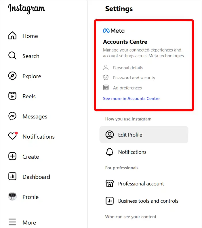 instagram web account center