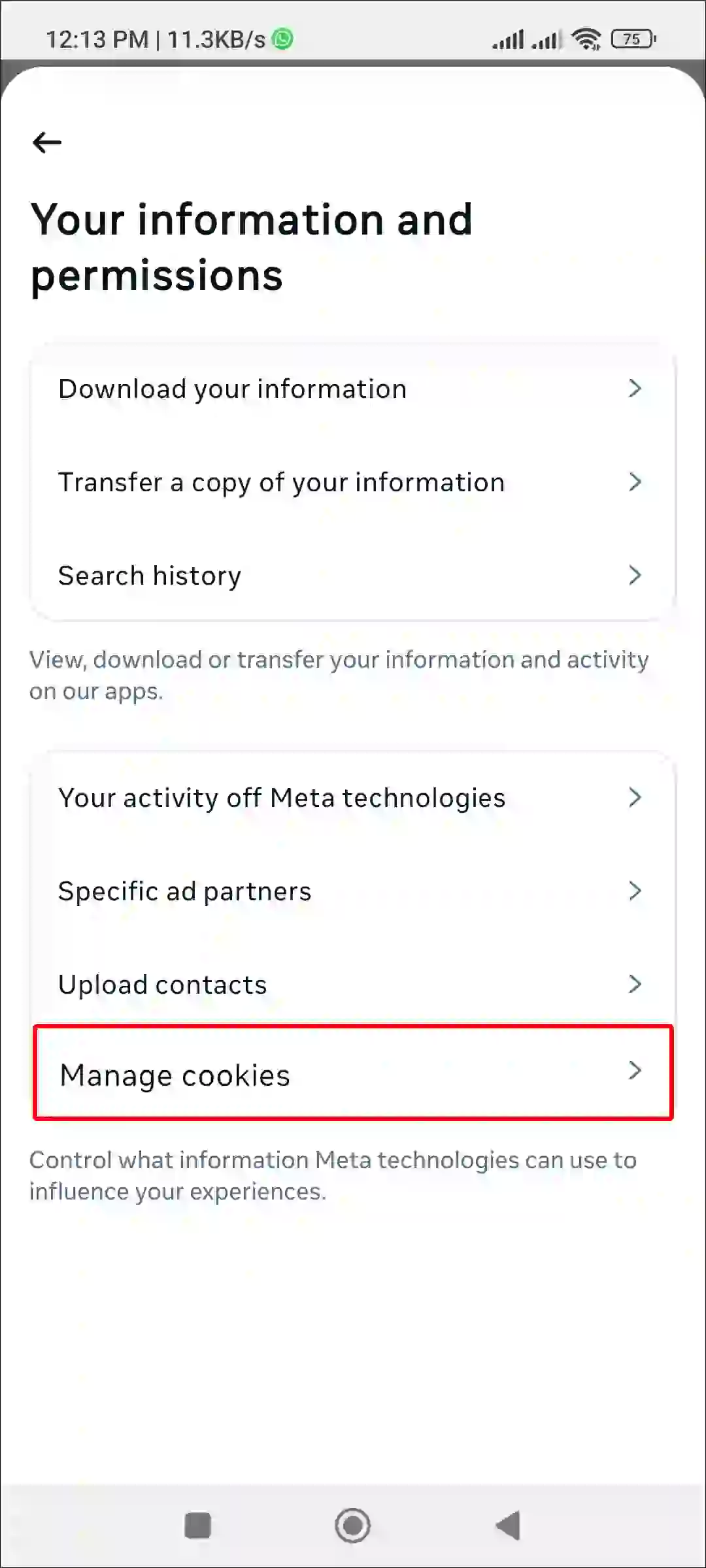 manage cookies instagram