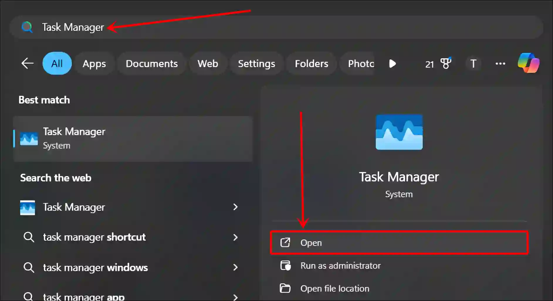 task manager windows search