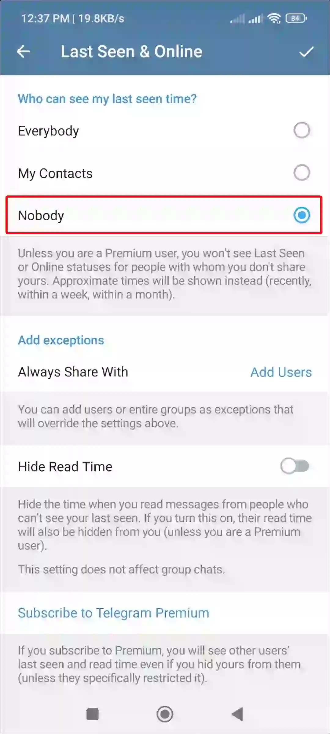 telegram who can see my last seen nobody