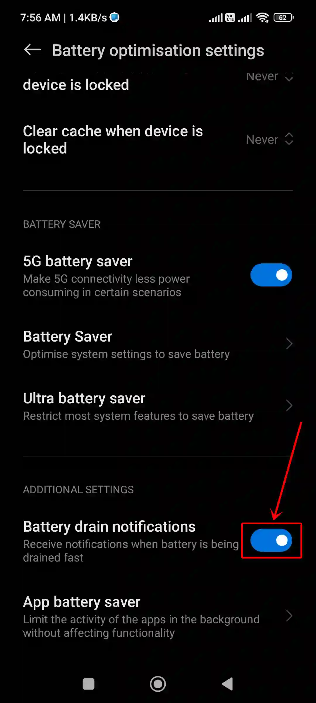 turn on battery drain notifications