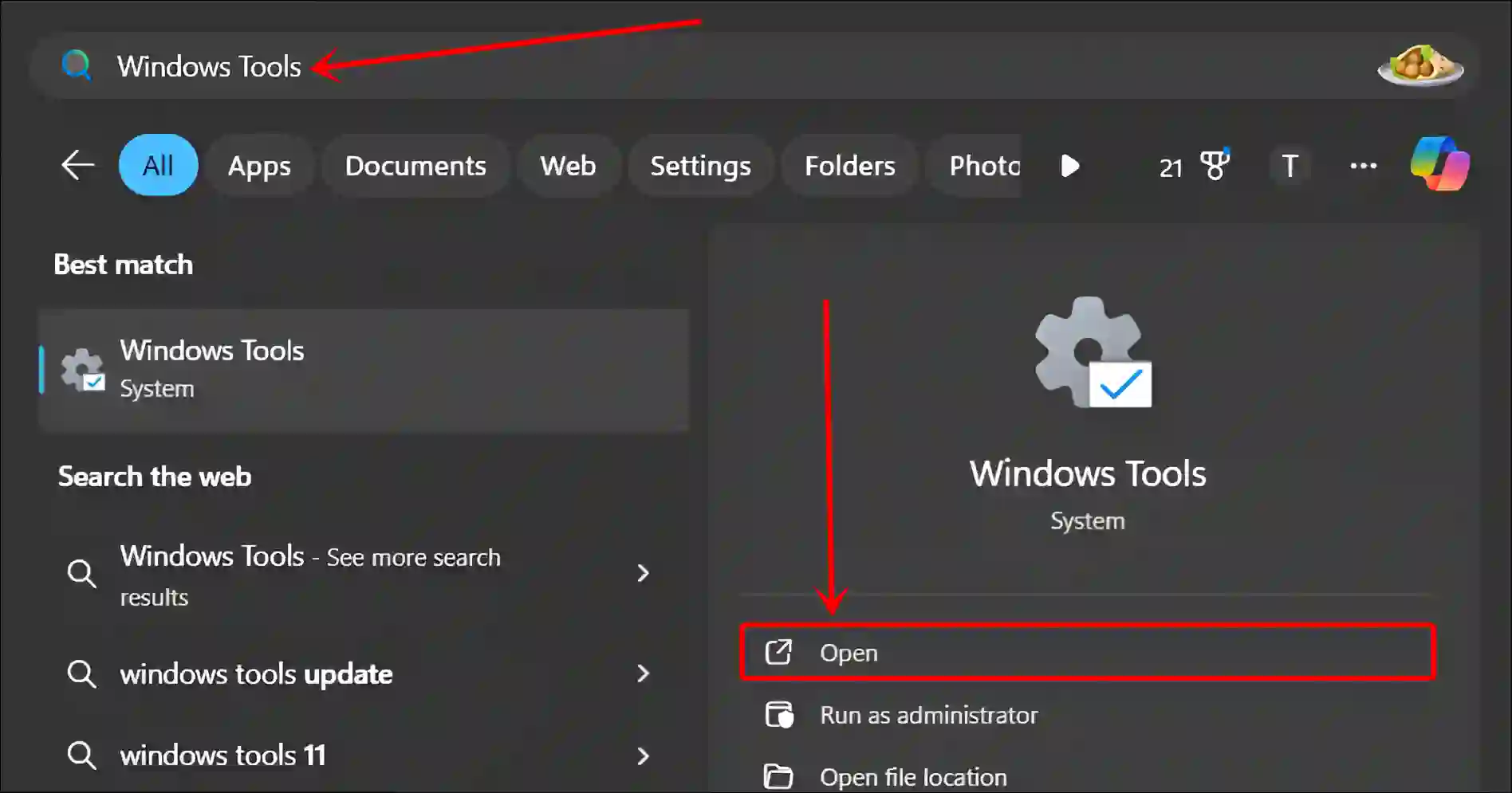 windows tools windows search