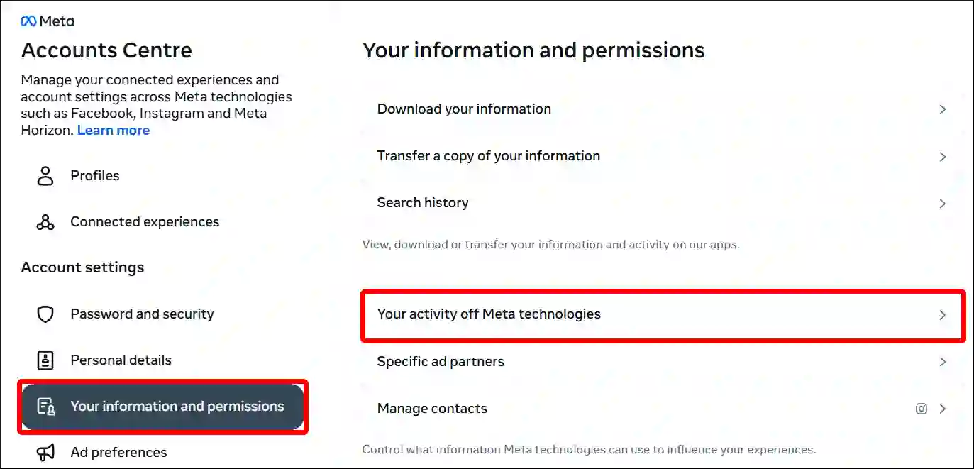 your activity off meta technologies instagram web