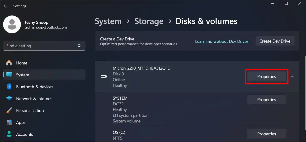 disks and volumes windows 11 properties
