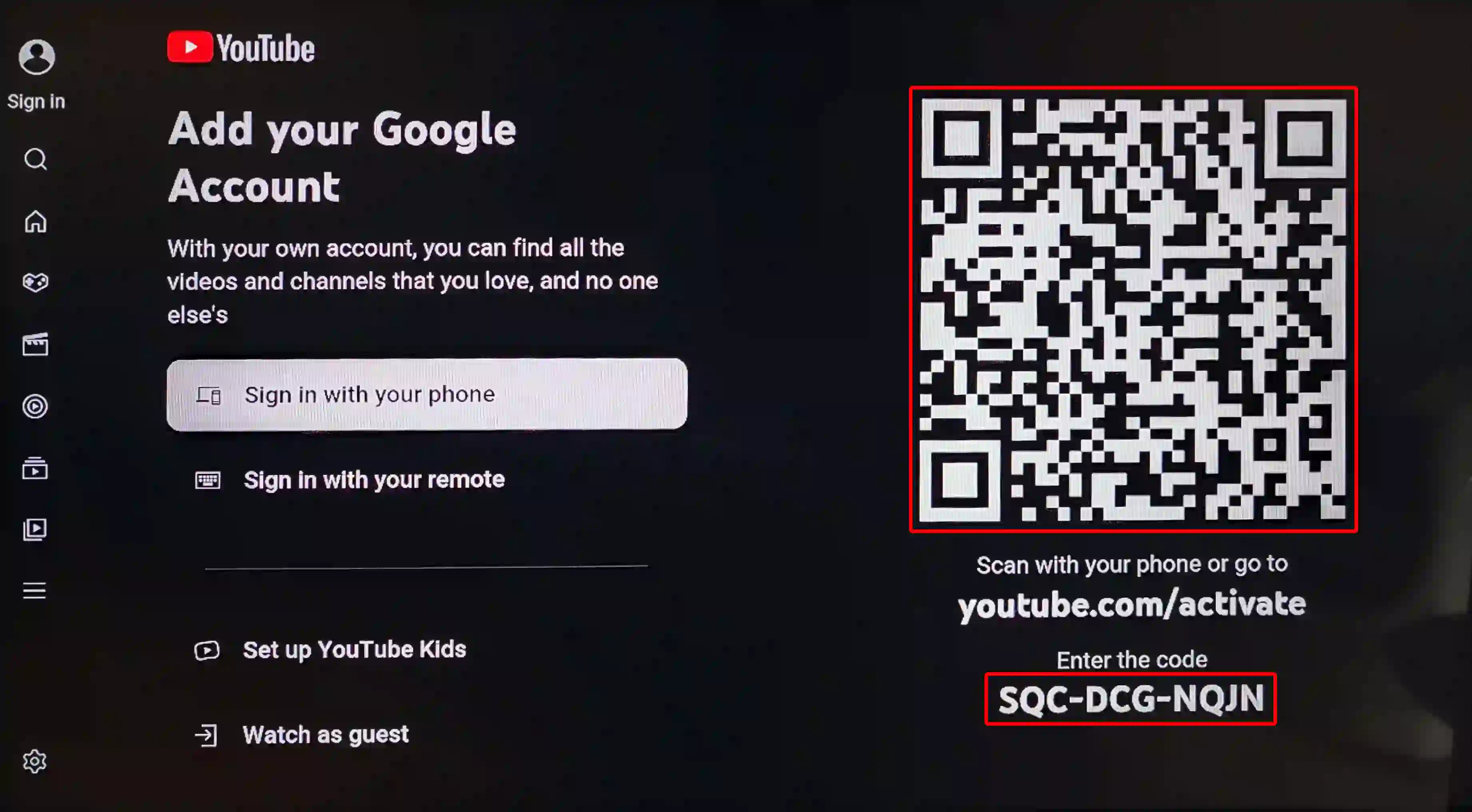 youtube tv qr code activation code