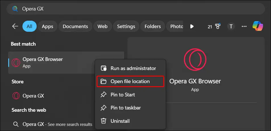 opera gx open file location