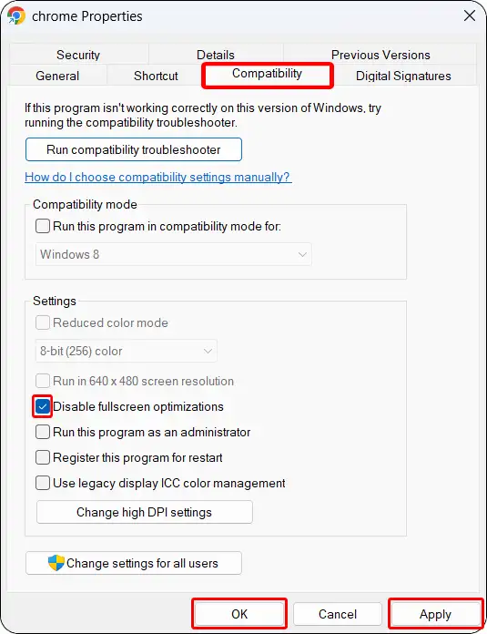 Turn off fullscreen optimizations mode on chrome