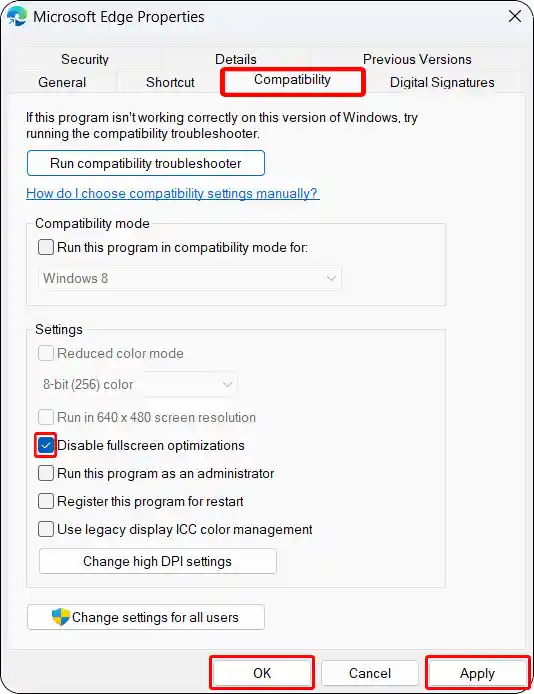 Turn off fullscreen optimizations mode on edge