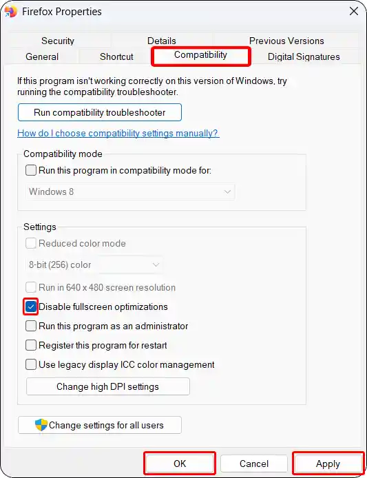 Turn off fullscreen optimizations mode on firefox