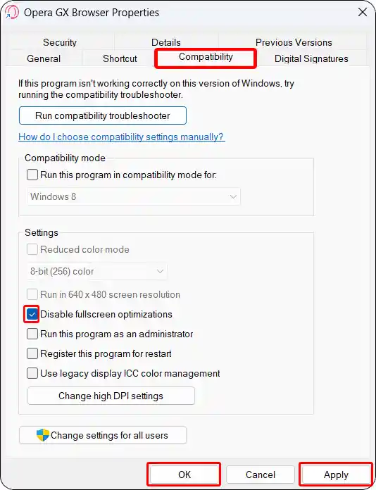 Turn off fullscreen optimizations mode on opera gx