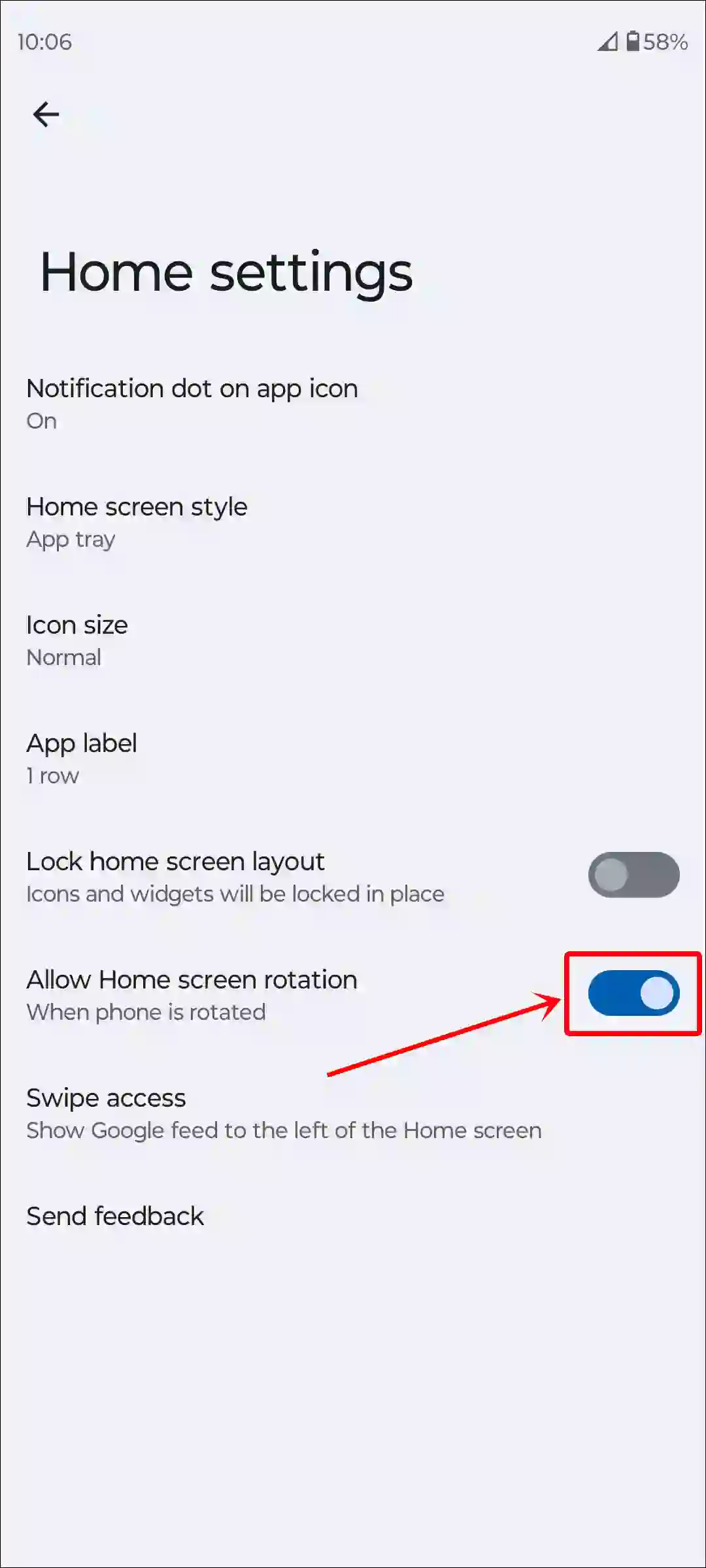 turn on allow home screen rotation