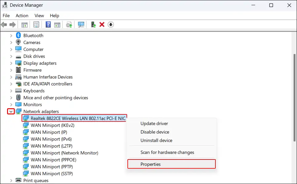 wifi adapter properties windows 11
