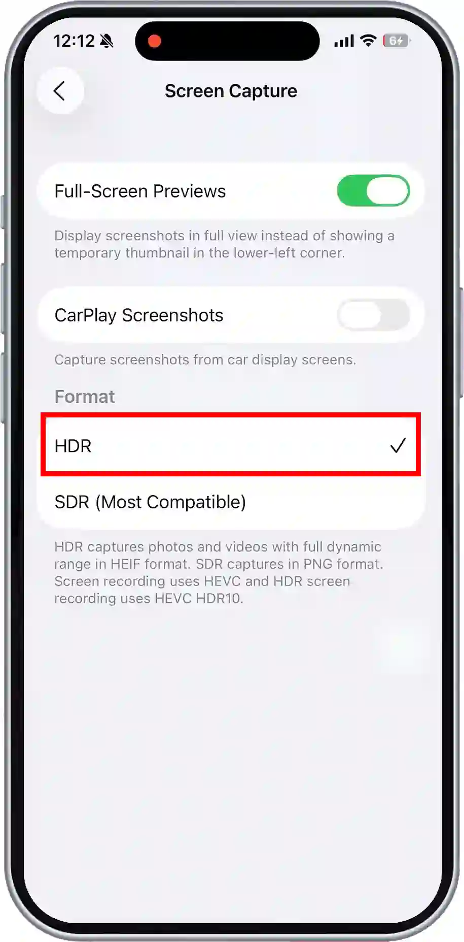 activate hdr screenshot iphone
