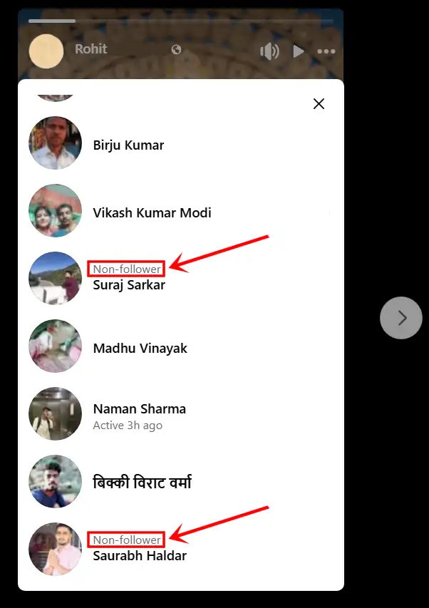Check names of non-followers on your Facebook story