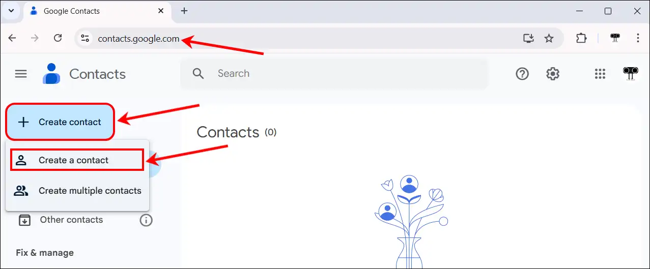 contacts.google.com create a contact