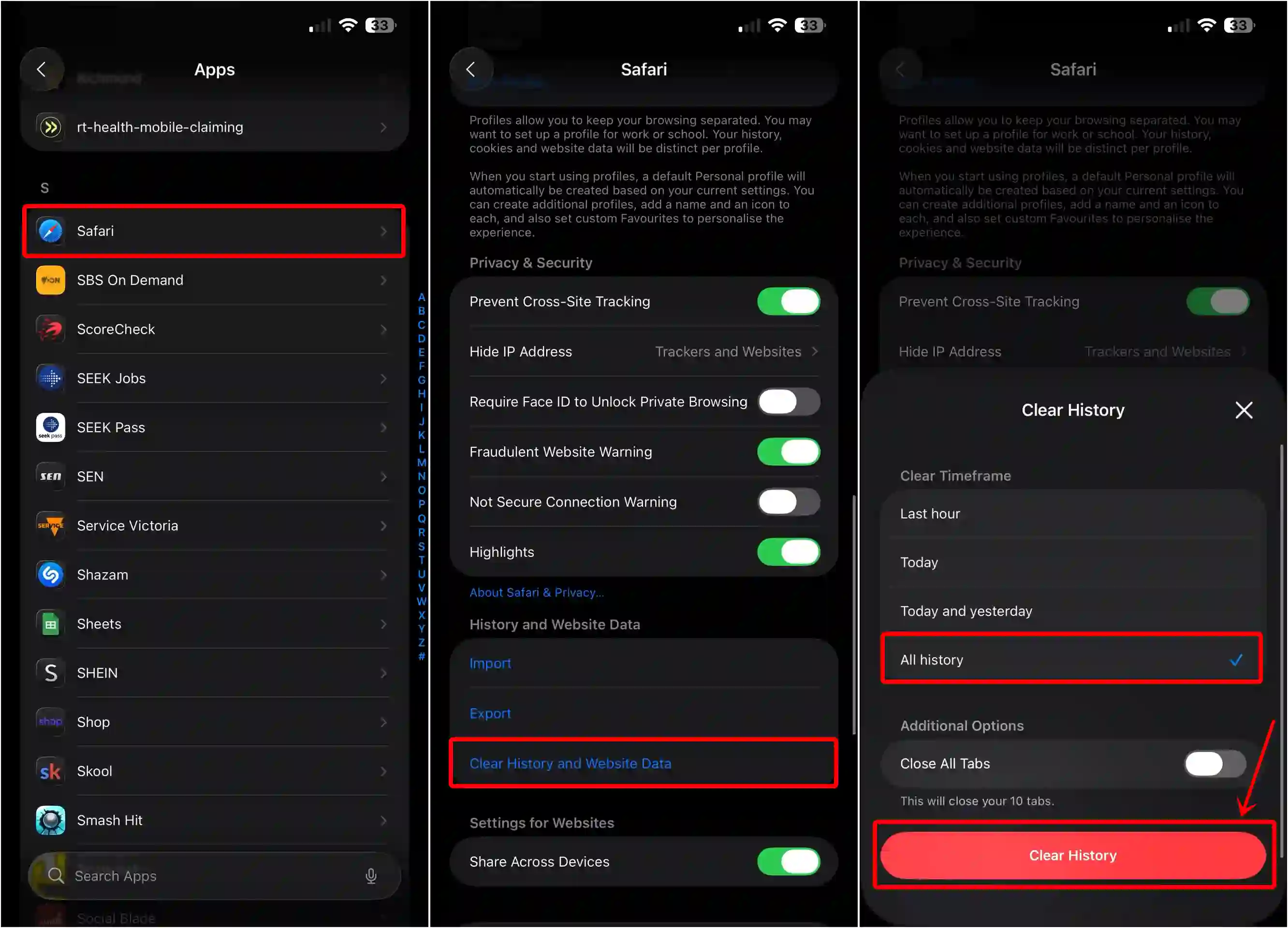 delete safari browsing history on ios 26