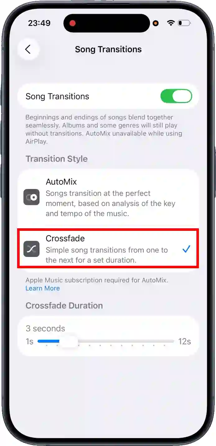 disable apple music dj mode from settings