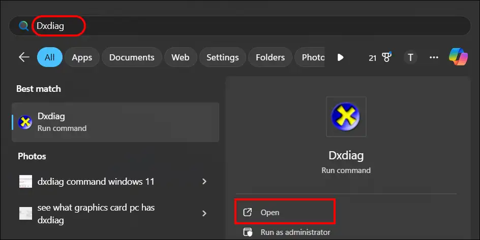 dxdiag search windows 11