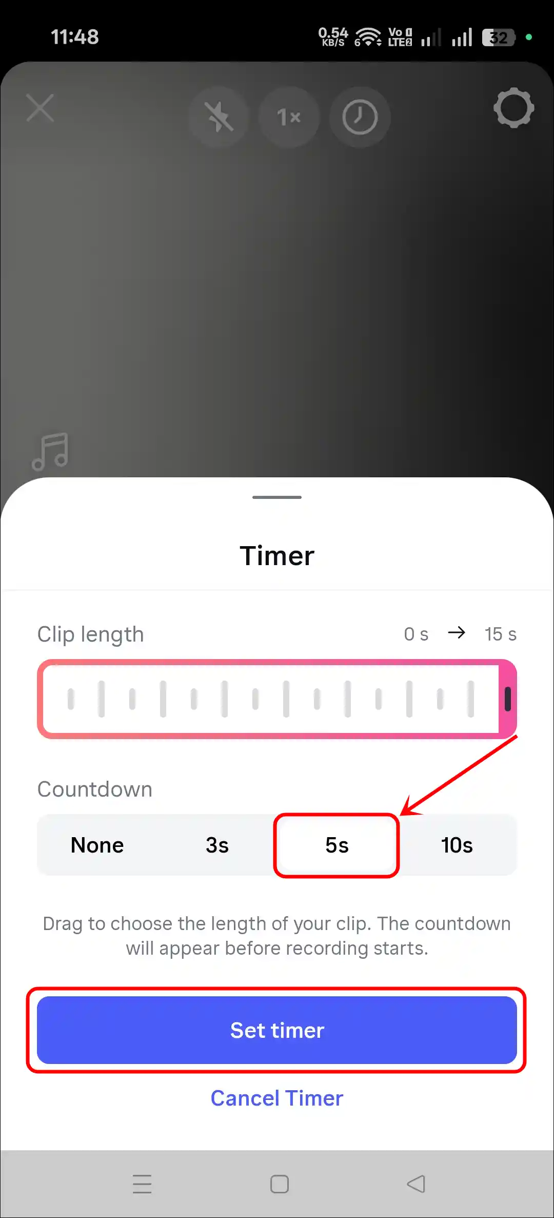 Put timer on Instagram camera