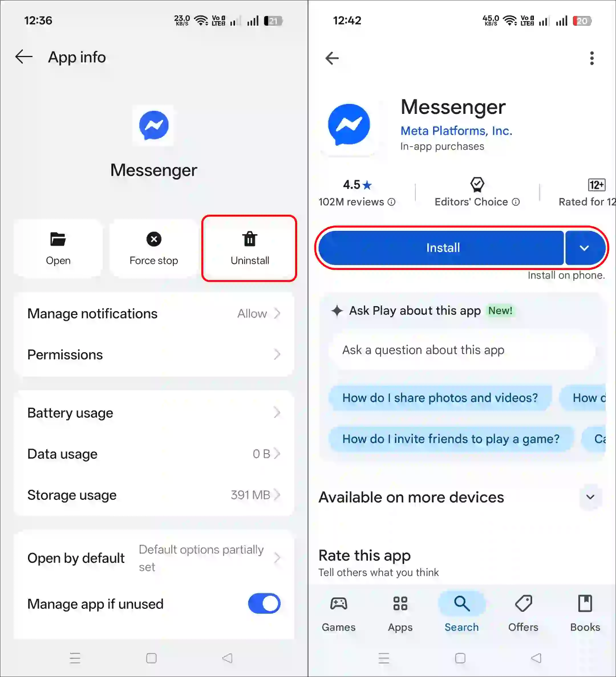 reinstall messenger app