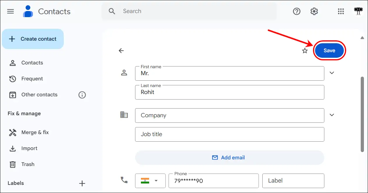 Add a new contact to the Gmail contact list on desktop