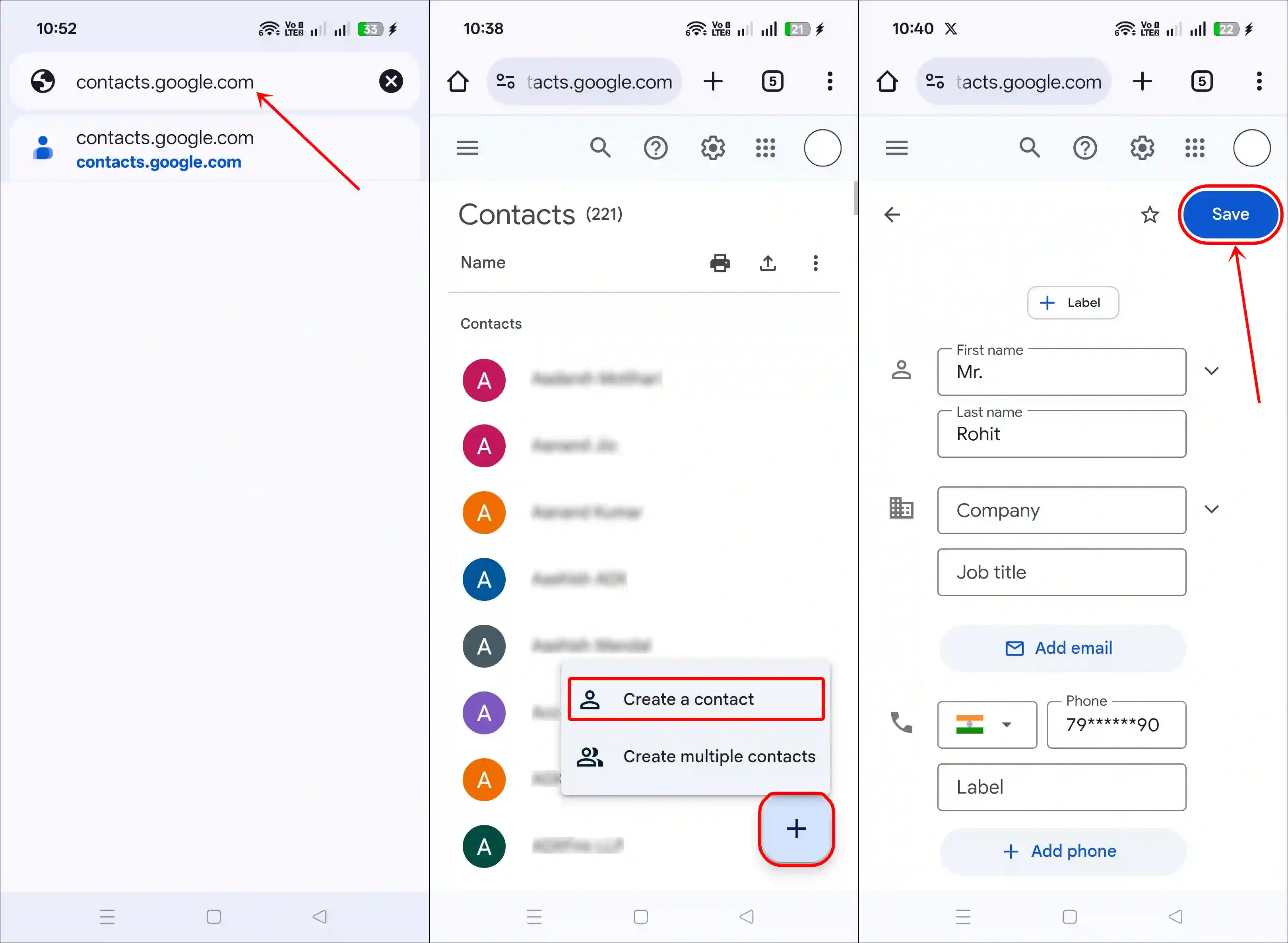 Add a new contact to the Gmail address book on your phone