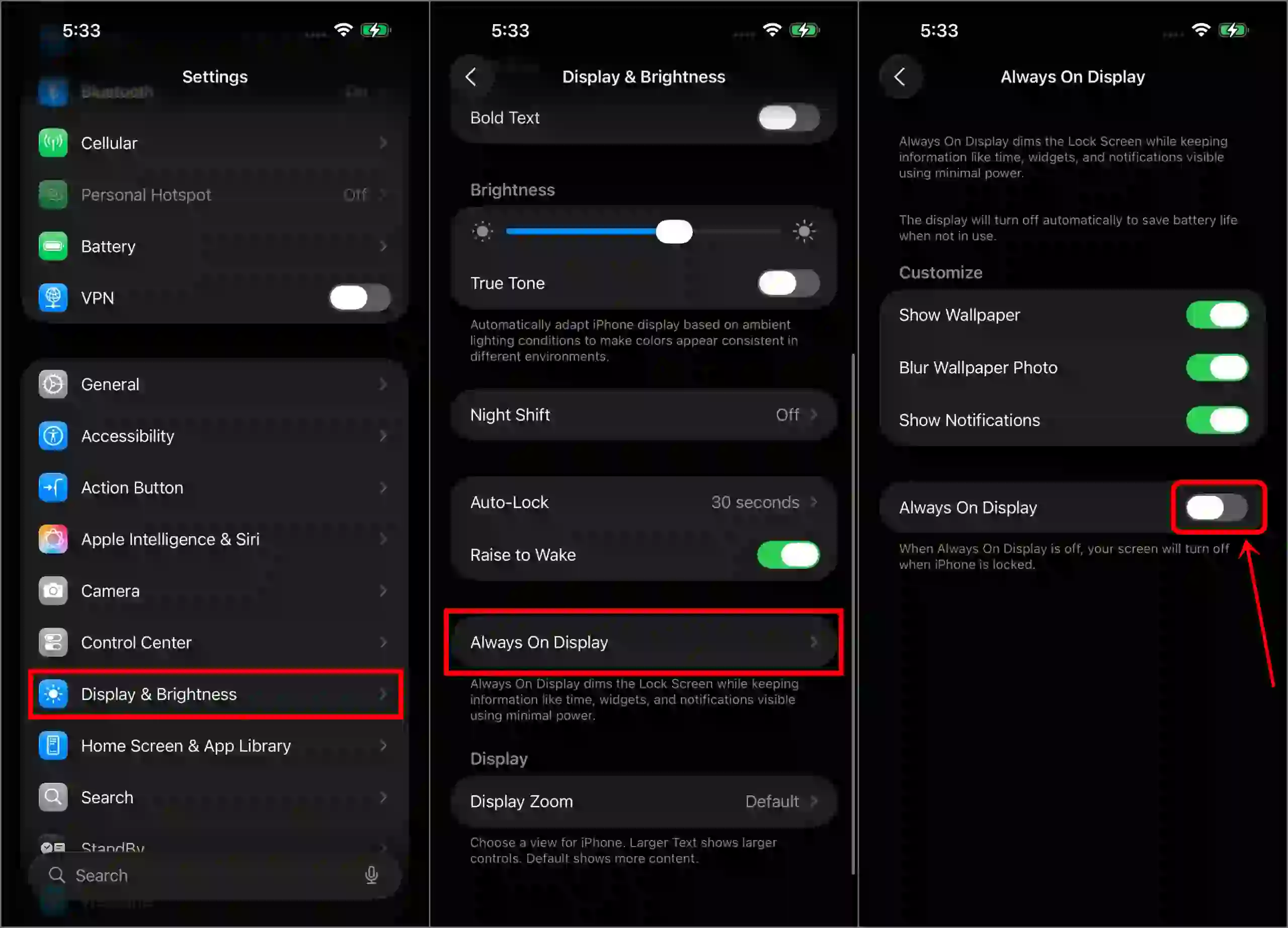 Turn off always-on display on the iPhone 17 series or other iPhones running iOS 26