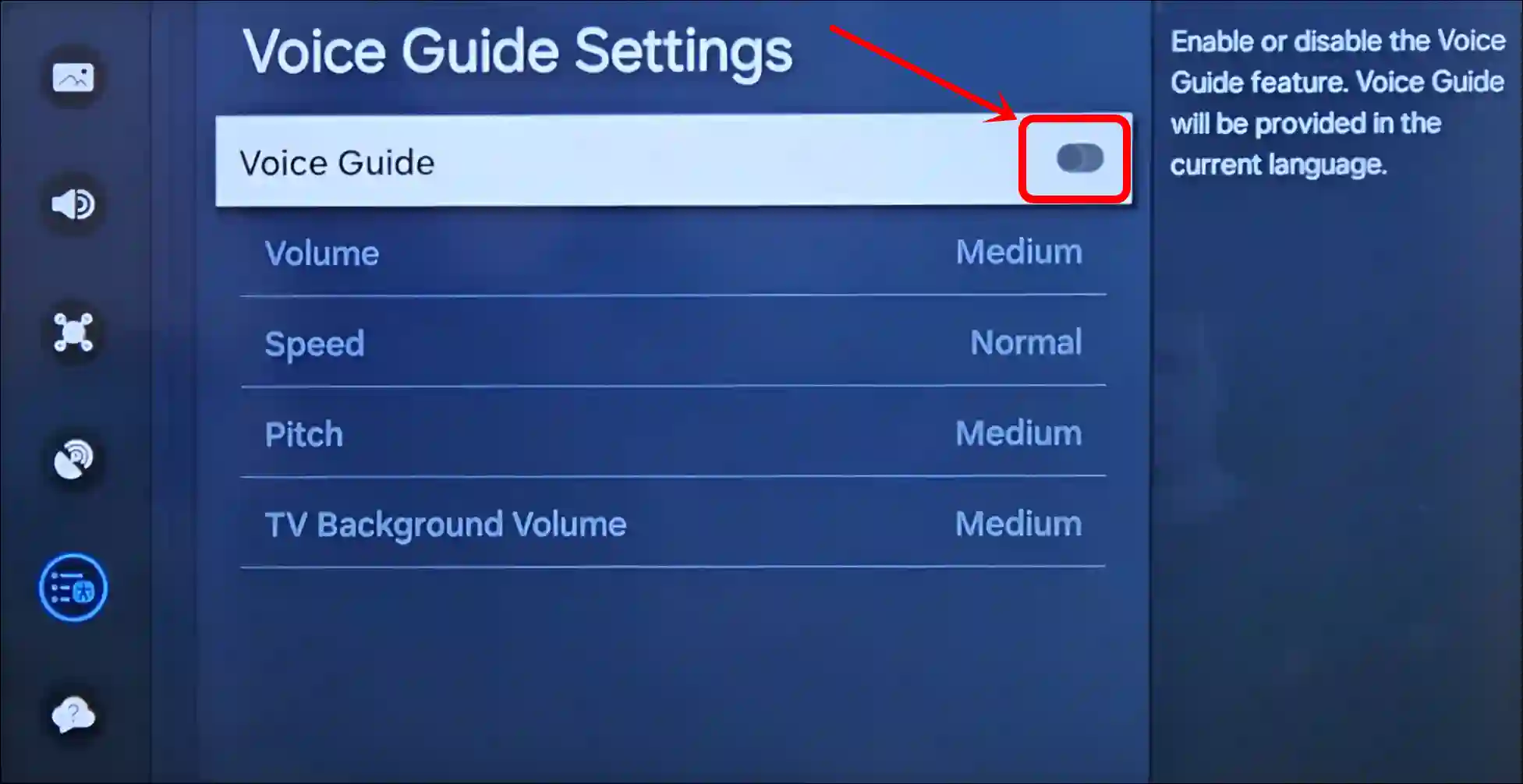 turn off voice guide settings samsung tv