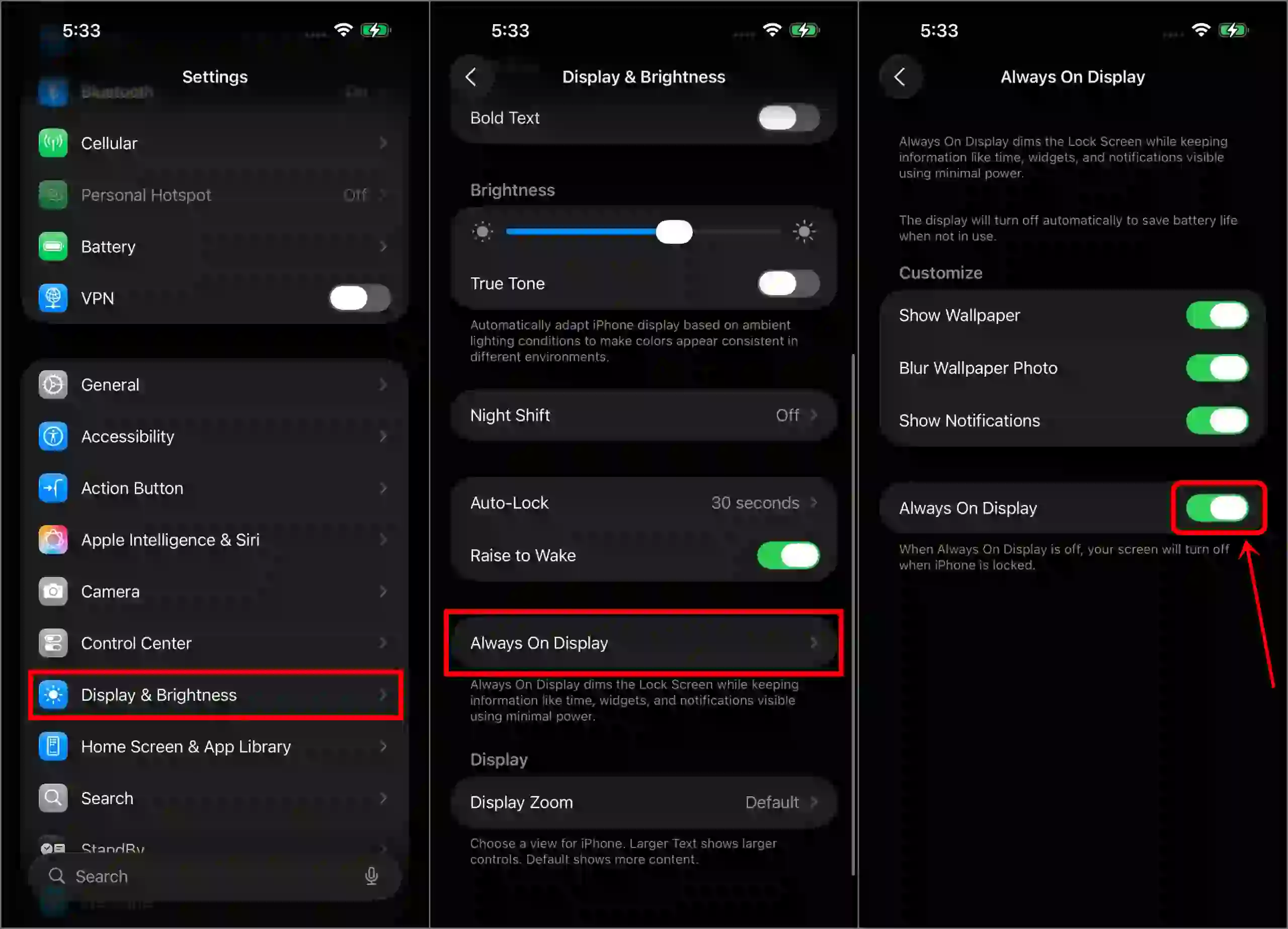 Turn on always-on display on the iPhone 17 series or other iPhones running iOS 26
