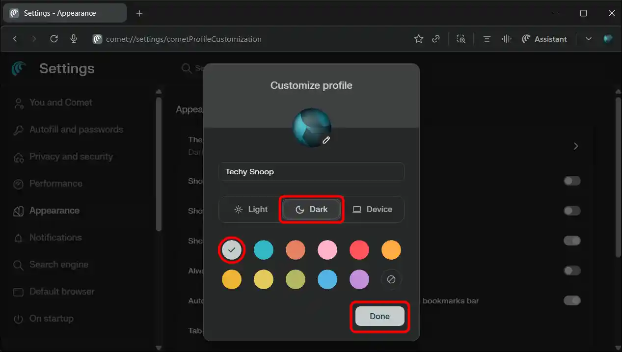 change comet theme from light to dark