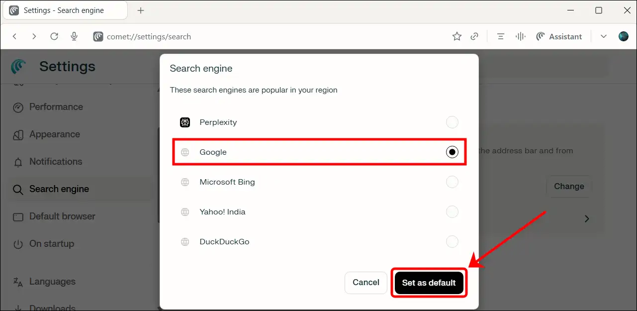 comet browser search engine change to google