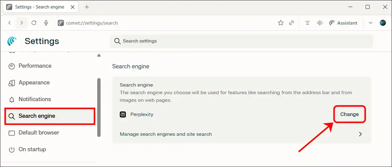 comet browser search engine change