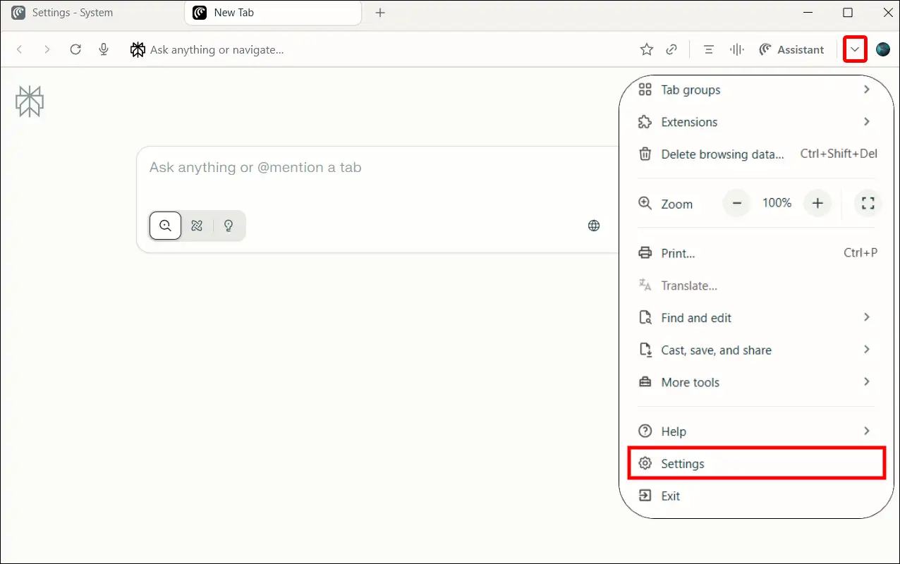 comet browser settings