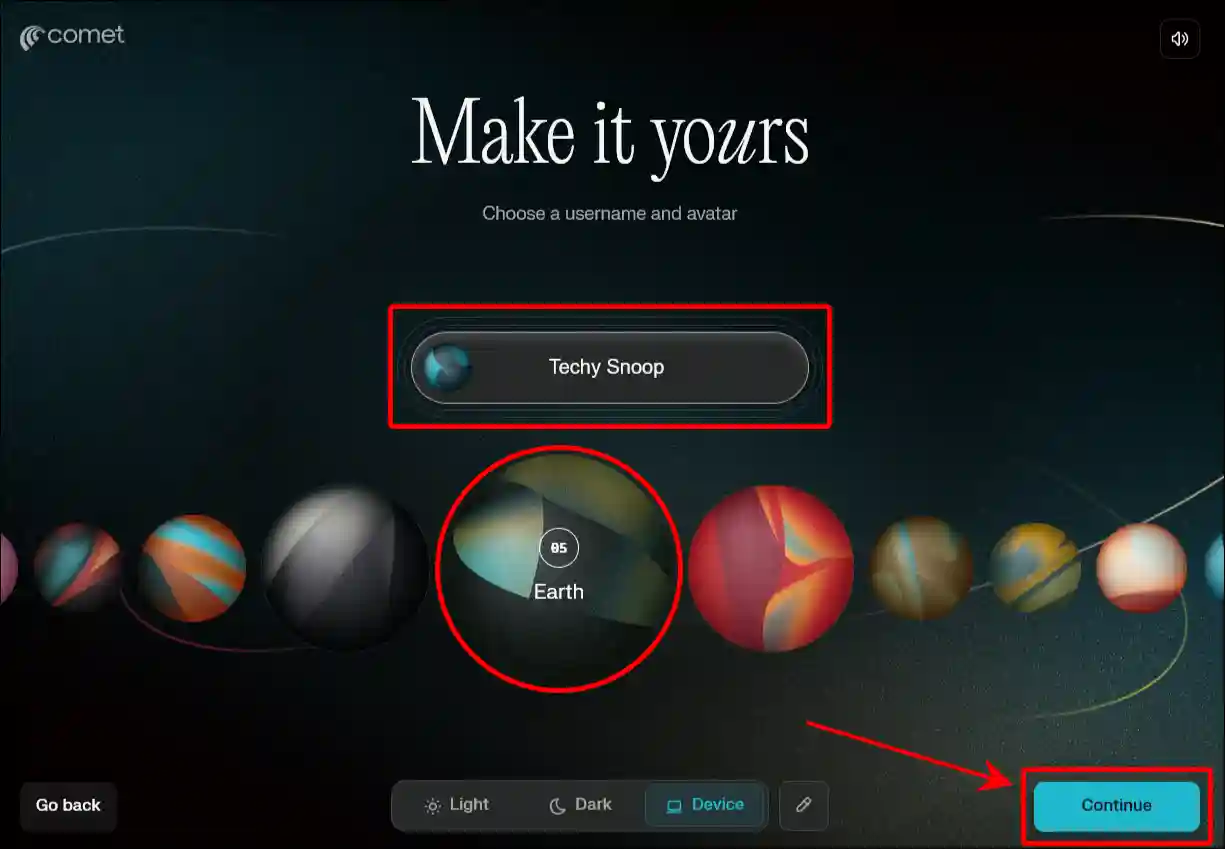 comet browser setup continue