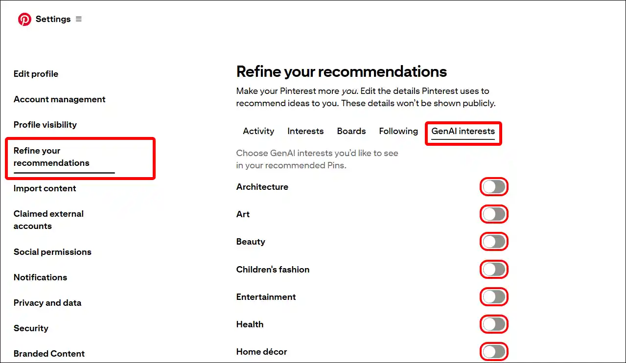 disable ai-generated images on pinterest pc