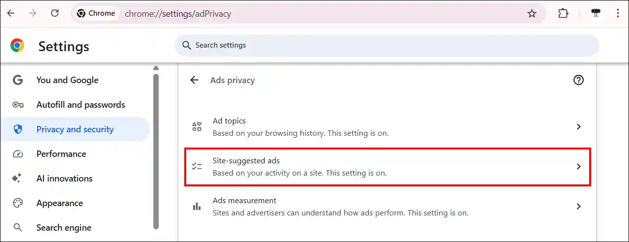 disable chrome site-suggested ads on pc