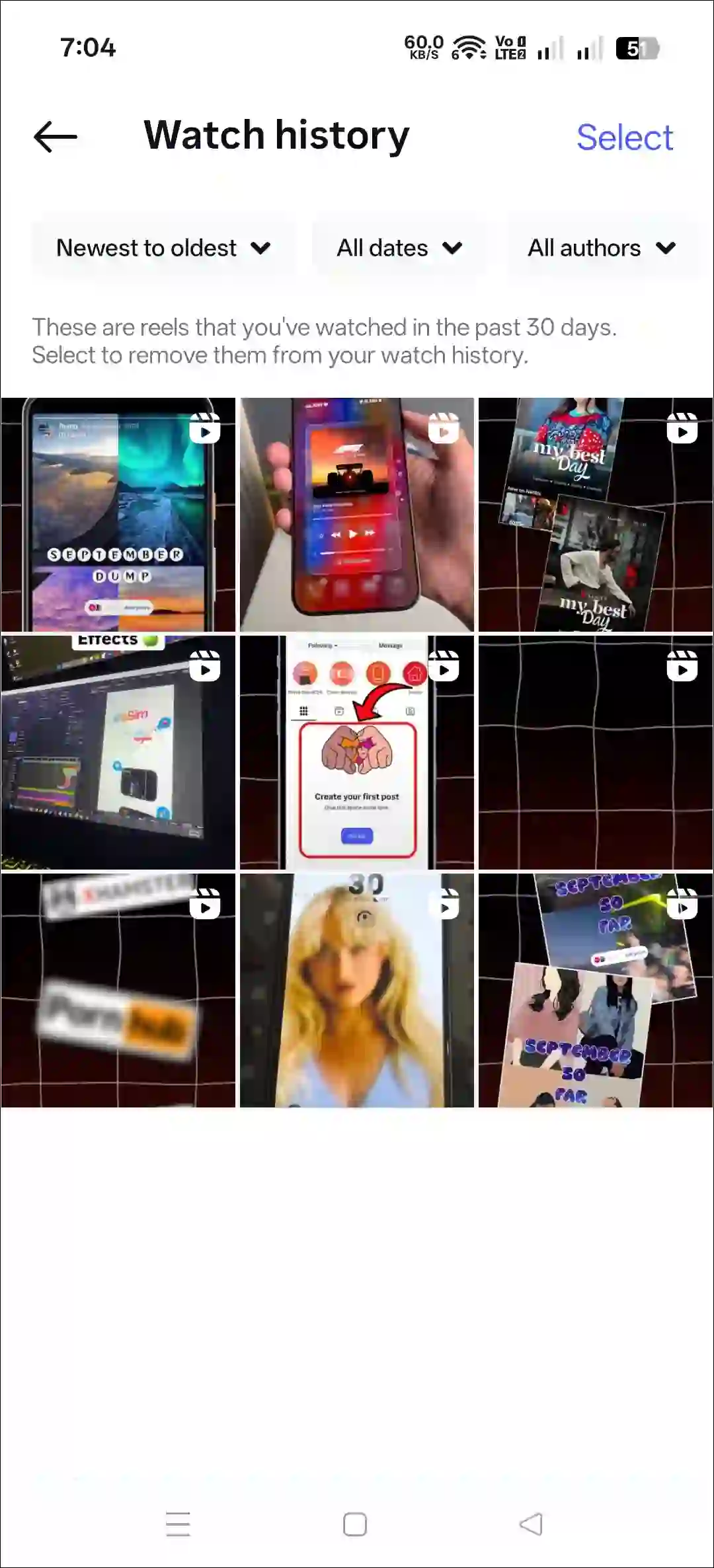 Find a reel you watched on Instagram but didn't like or save