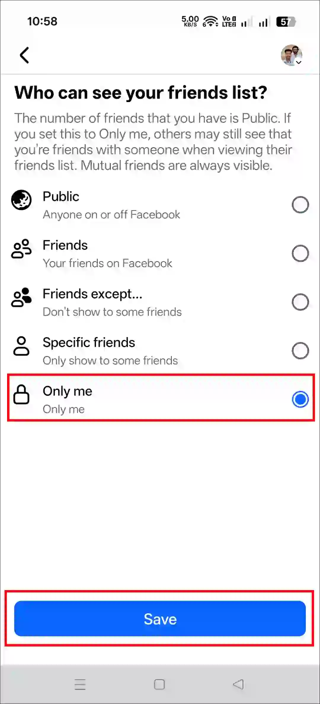 hide friends list on facebook profile on android and iphone