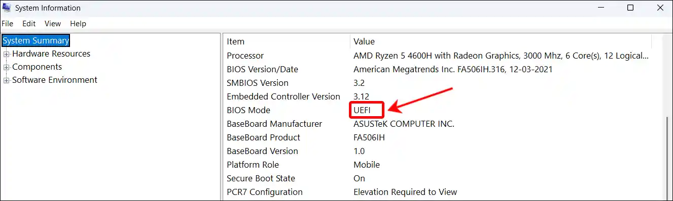 See if your BIOS is set to UEFI mode using msinfo32