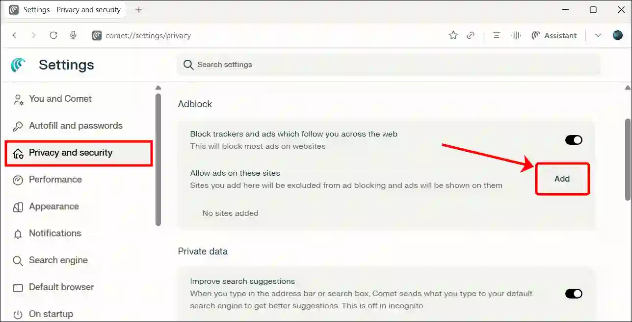 Skip Specific Website from Comet's Adblocker