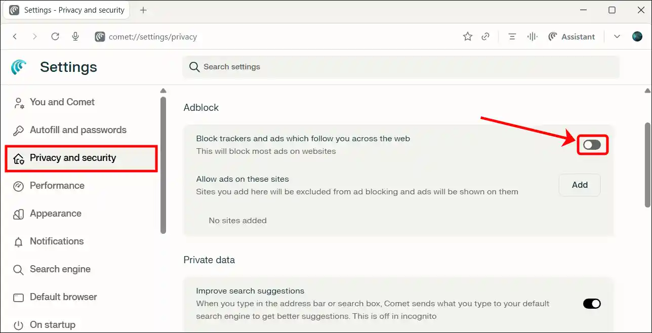Turn off the Comet browser's built-in adblocker