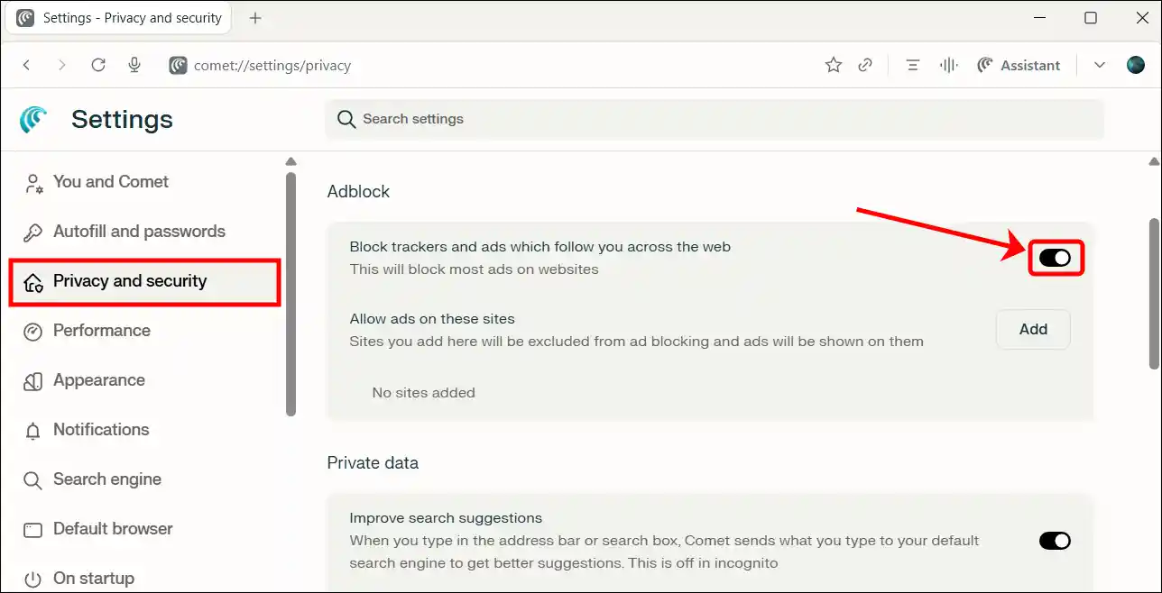 Turn on the Comet browser's built-in adblocker
