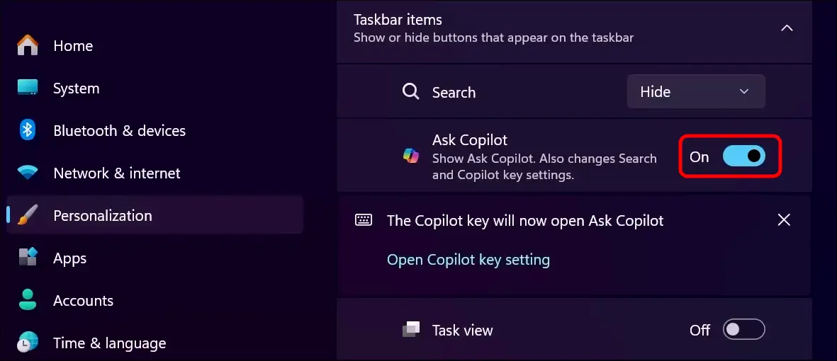 Add or show Ask Copilot on the Windows 11 taskbar