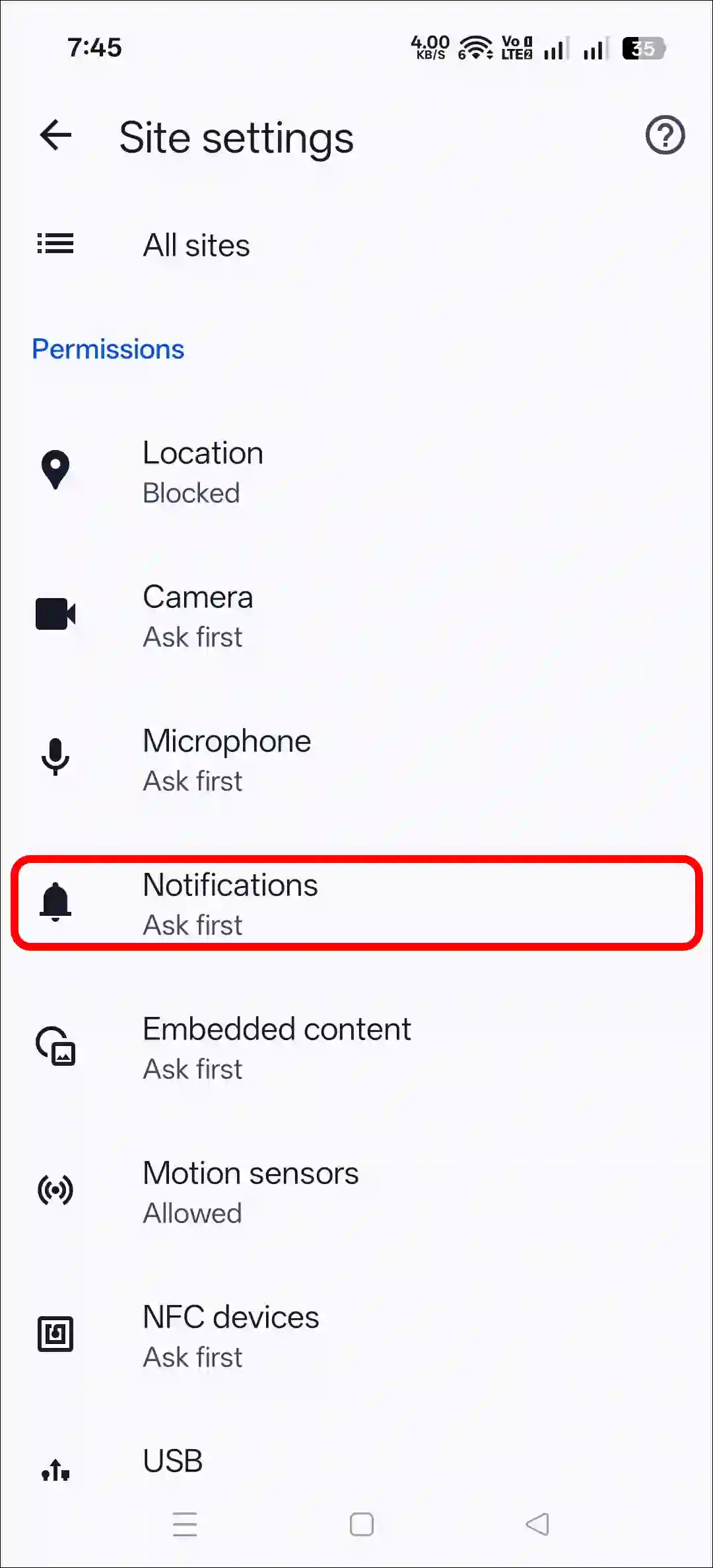 chrome mobile site settings notifications