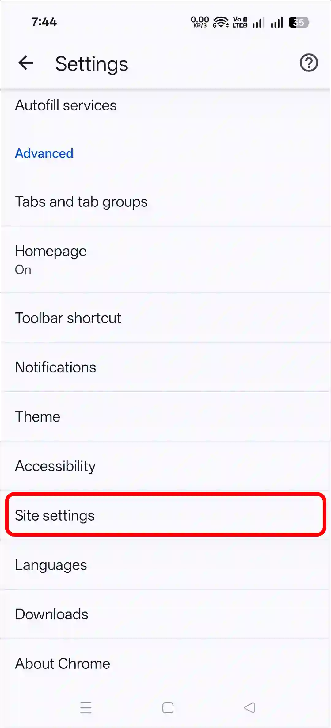 chrome mobile site settings